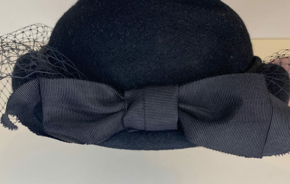 Vintage Lancaster Womens 1960s Black Wool Cocktail Hat Net Veil WPL 4564 USA